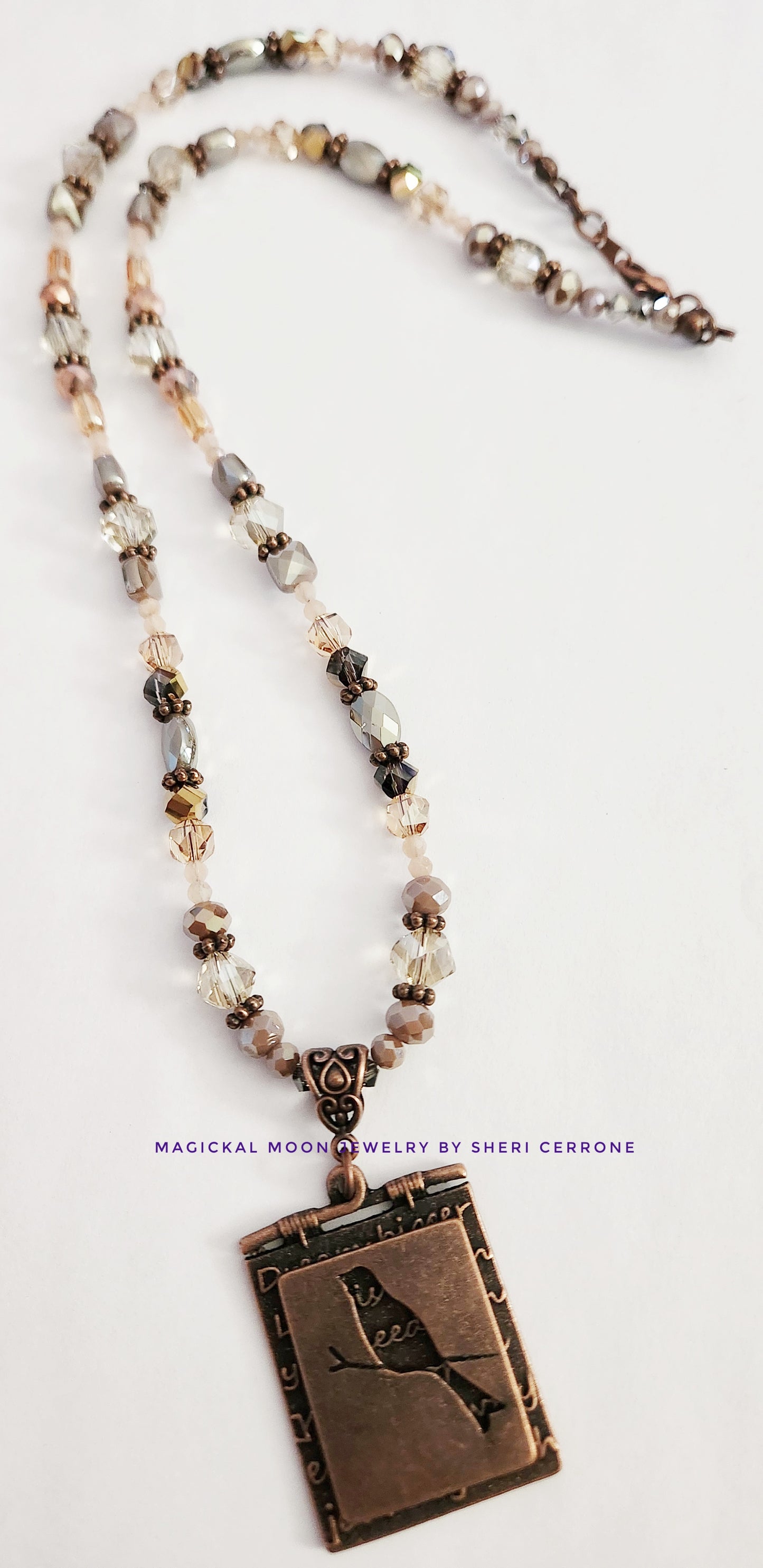 Copper bird and Peach Moonstone necklace