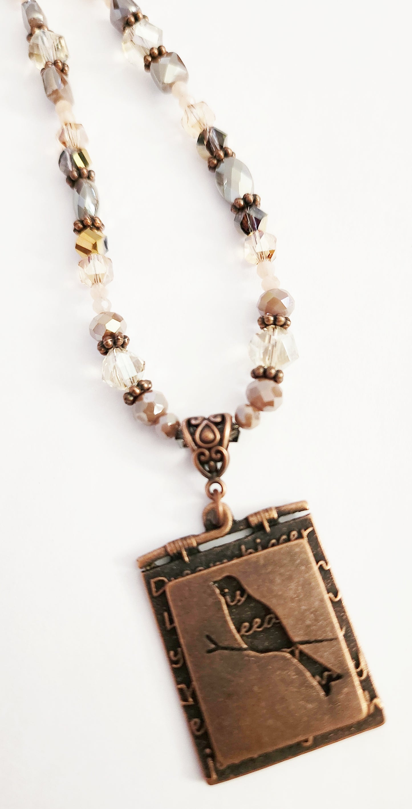 Copper bird and Peach Moonstone necklace