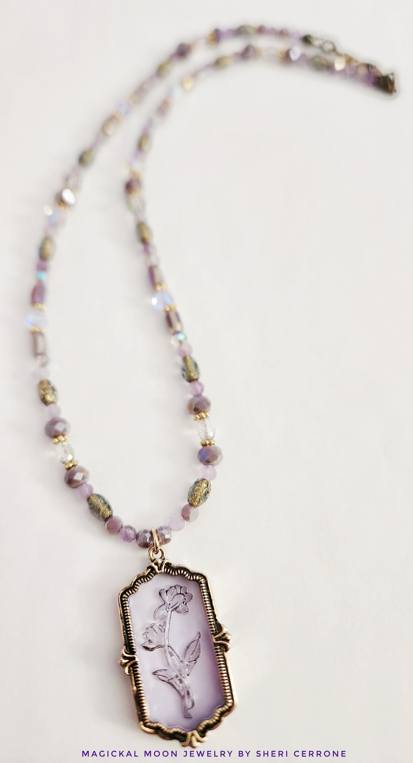 Dark gold etched rose Amethyst gemstone necklace