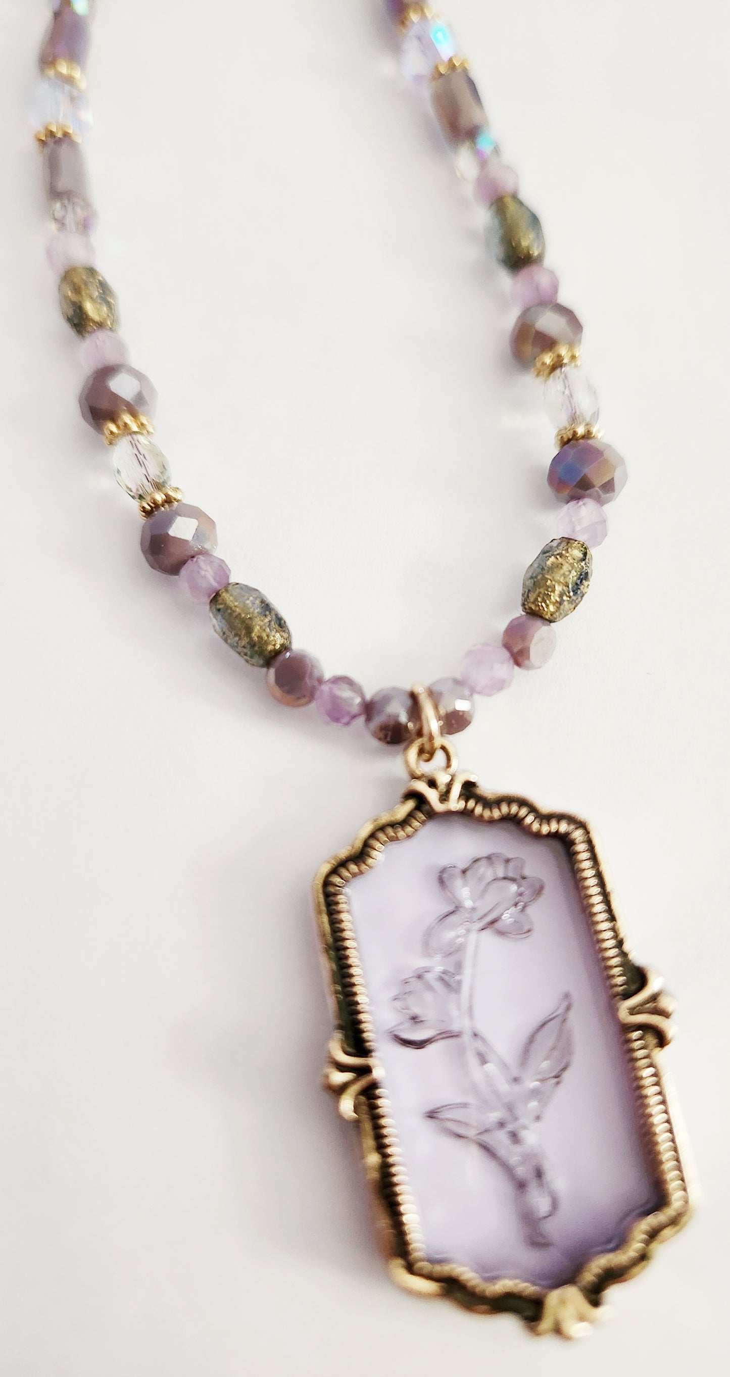 Dark gold etched rose Amethyst gemstone necklace