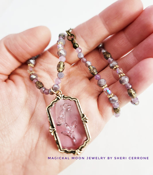 Dark gold etched rose Amethyst gemstone necklace