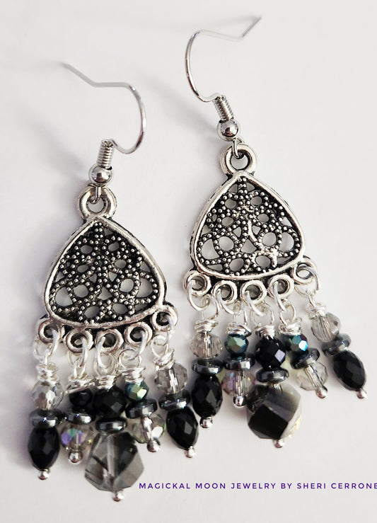 Dark silver chandelier beaded earrings