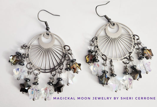 Dark silver chandelier crescent moon earrings