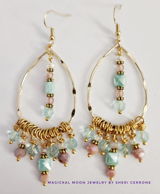 Gold beaded charm dangle statement earrings