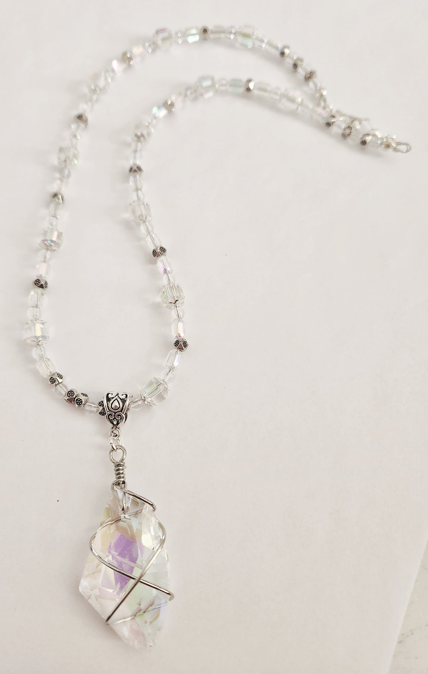Crystal wire wrapped silver necklace with Clear Quartz gemstones