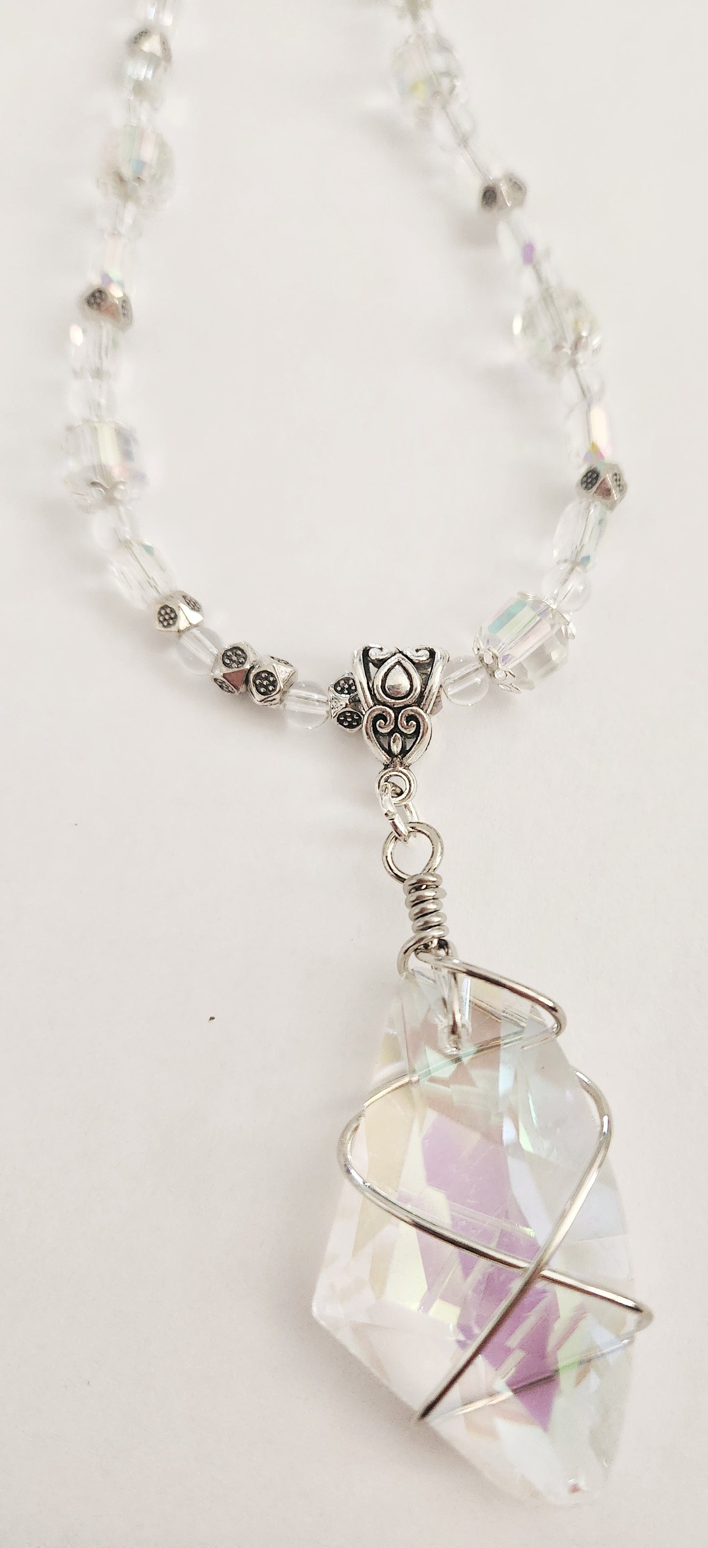Crystal wire wrapped silver necklace with Clear Quartz gemstones