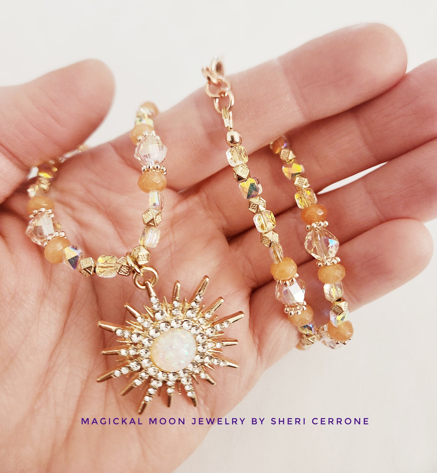 Sunburst necklace with Orange Jade gemstones
