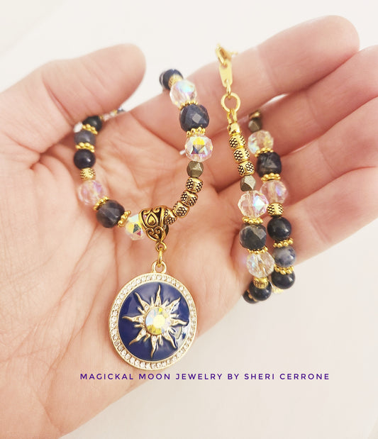 Starburst gold necklace with Lapis Lazuli and Pyrite gemstones