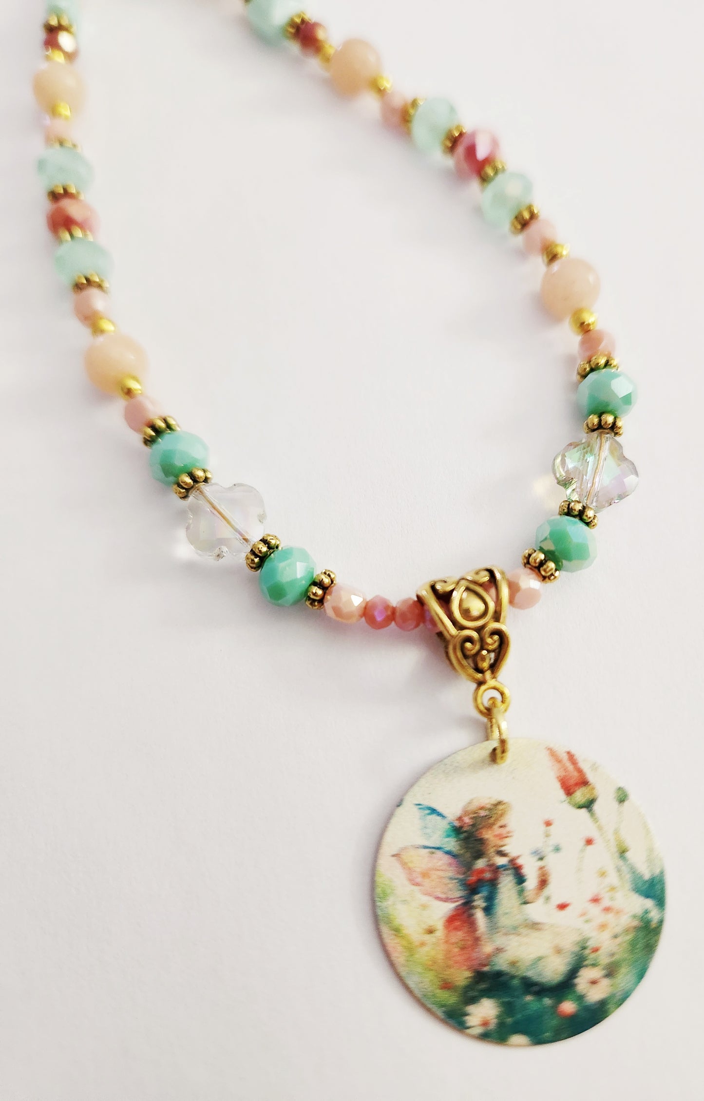 Gold fairy Peach Moonstone gemstone necklace