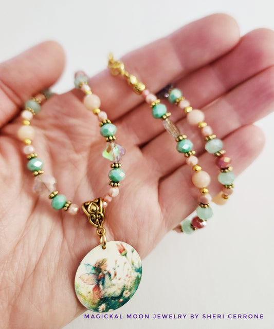 Gold fairy Peach Moonstone gemstone necklace