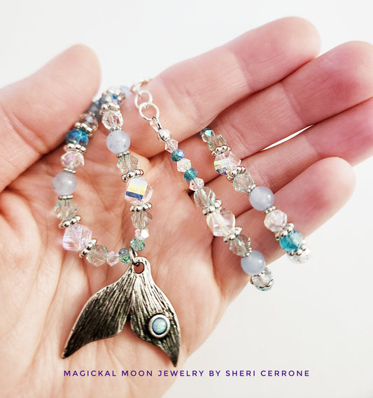 Silver whale tail gemstone necklace