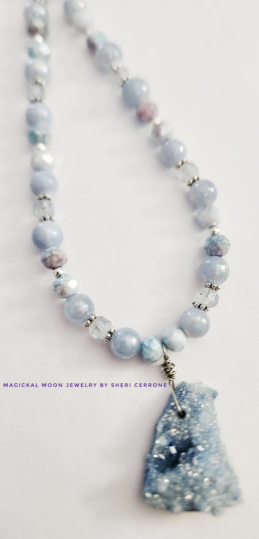 Blue Druzy Quartz gemstone necklace