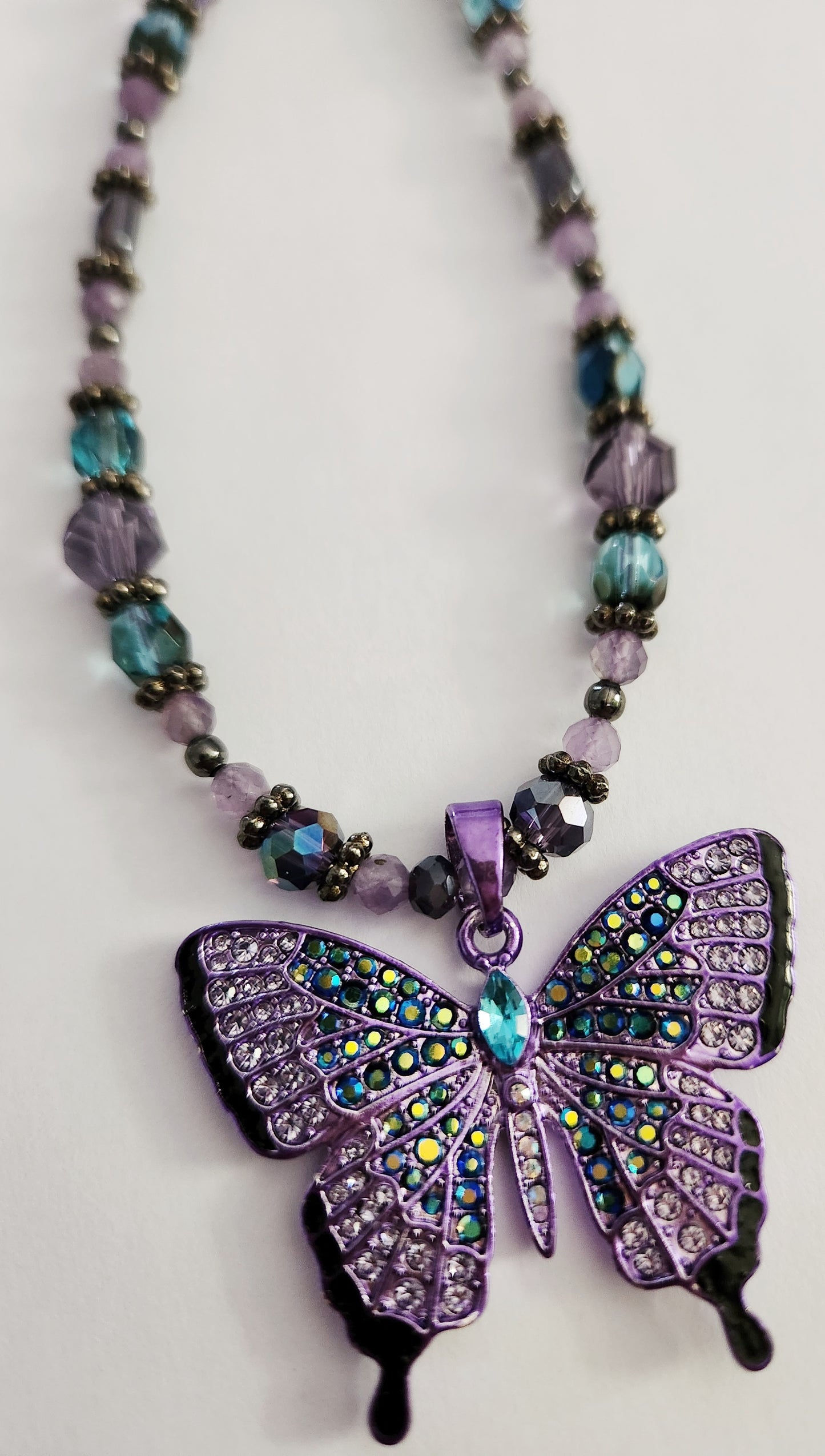 Purple butterfly beaded gemstone necklace