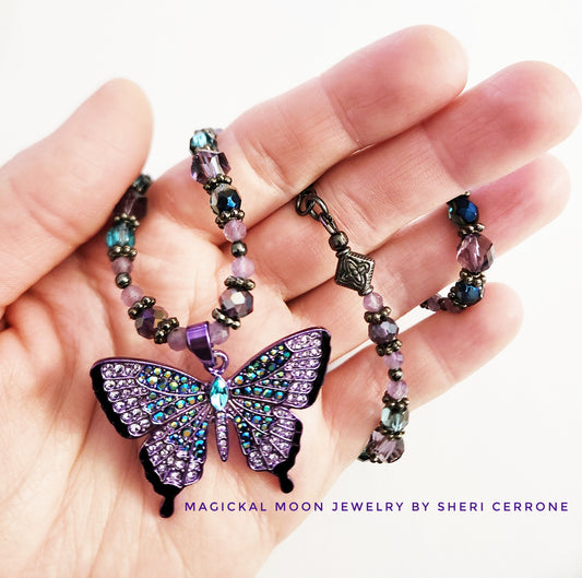 Purple butterfly beaded gemstone necklace