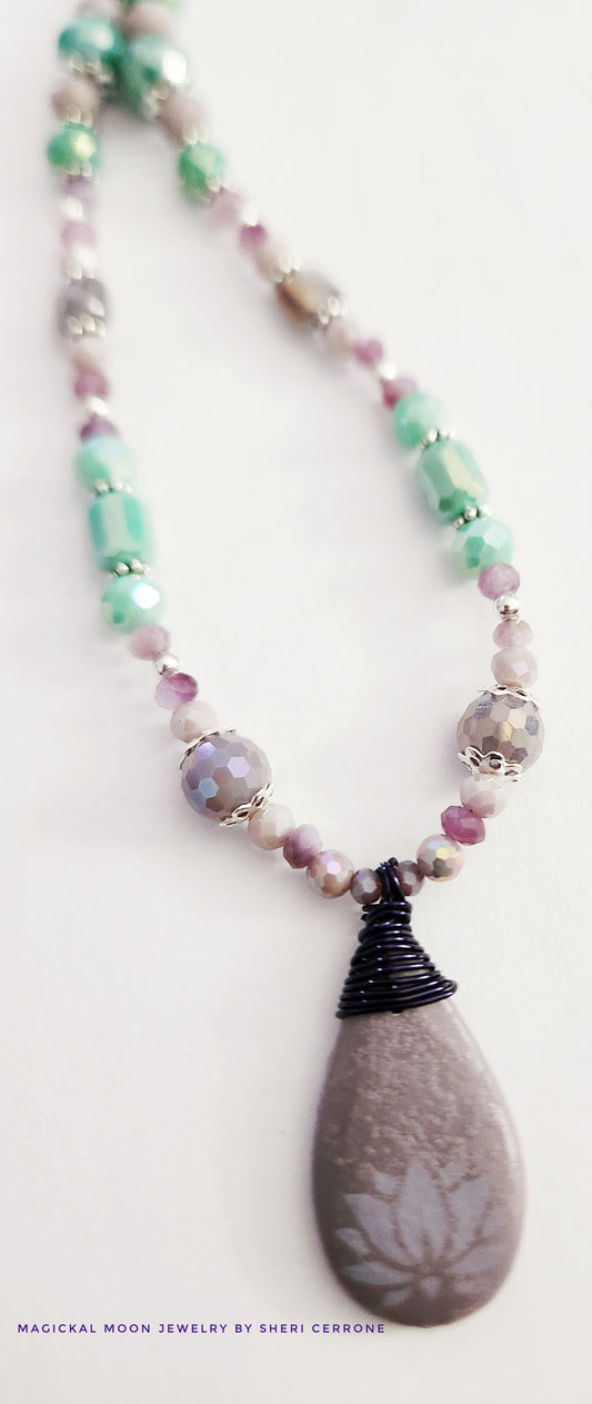 Lotus flower gemstone silver necklace