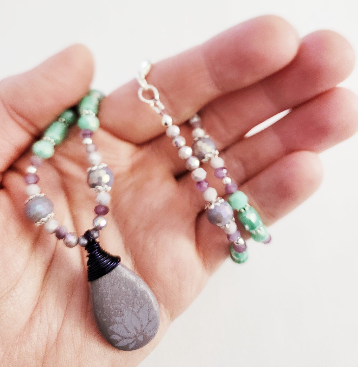 Lotus flower gemstone silver necklace
