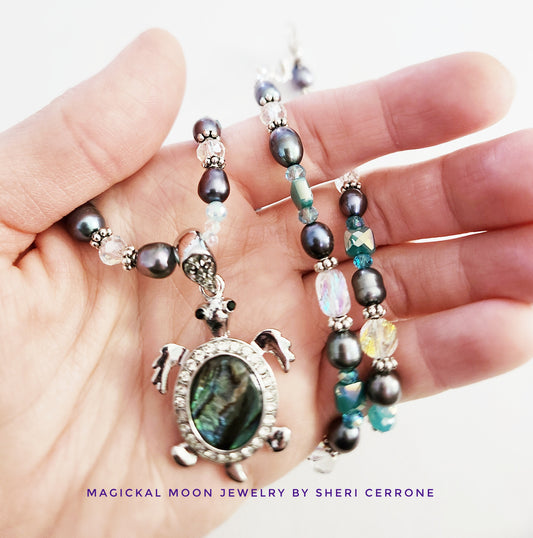 Silver abalone shell and pearl turtle necklace