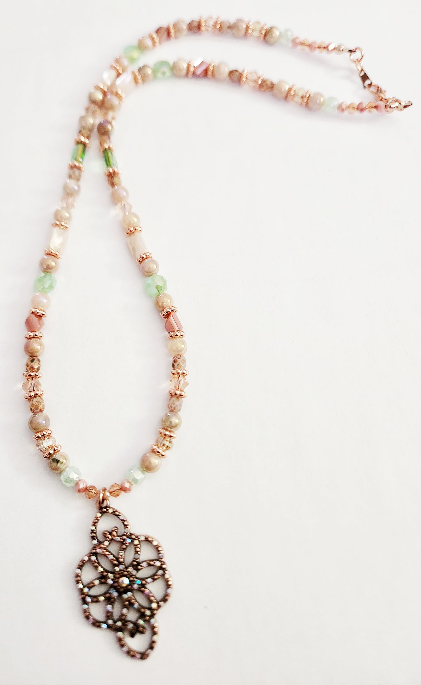 Rose gold crystal flower necklace with Peach Moonstone