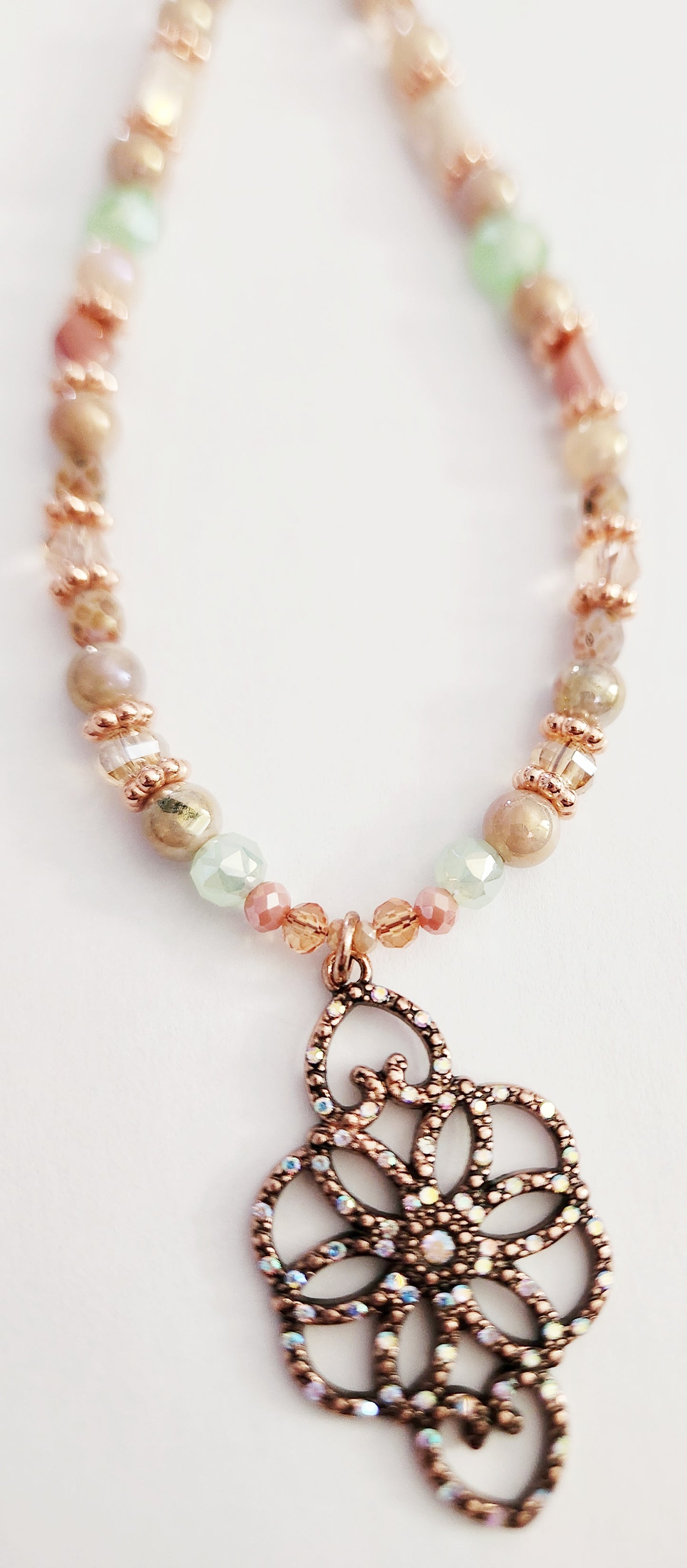 Rose gold crystal flower necklace with Peach Moonstone
