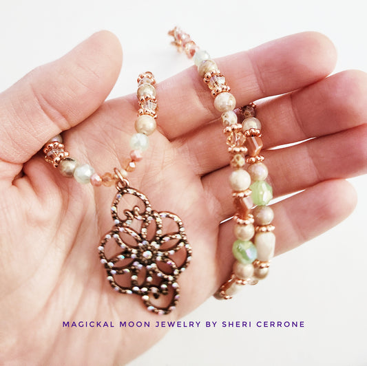 Rose gold crystal flower necklace with Peach Moonstone
