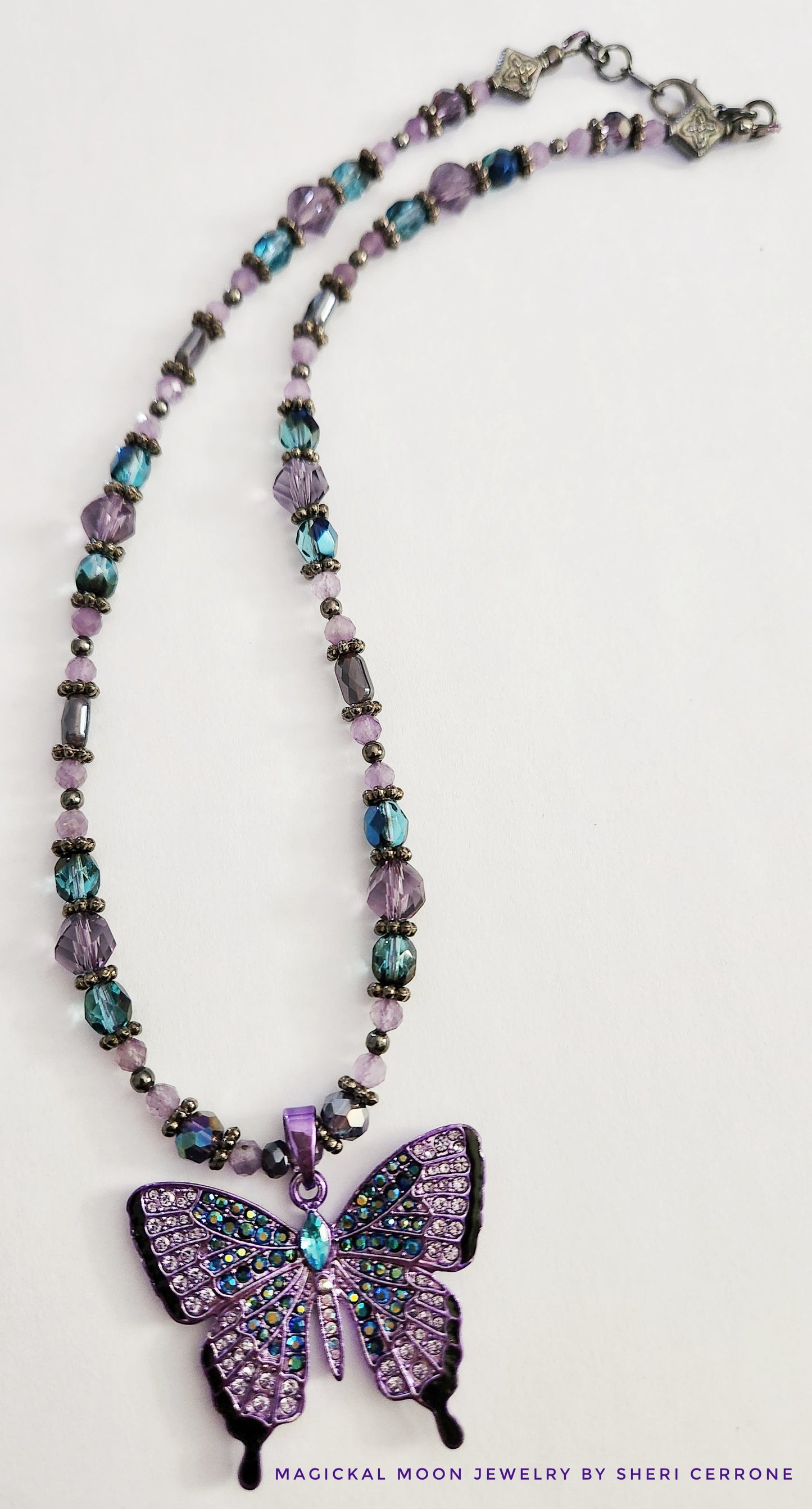 Purple butterfly beaded gemstone necklace