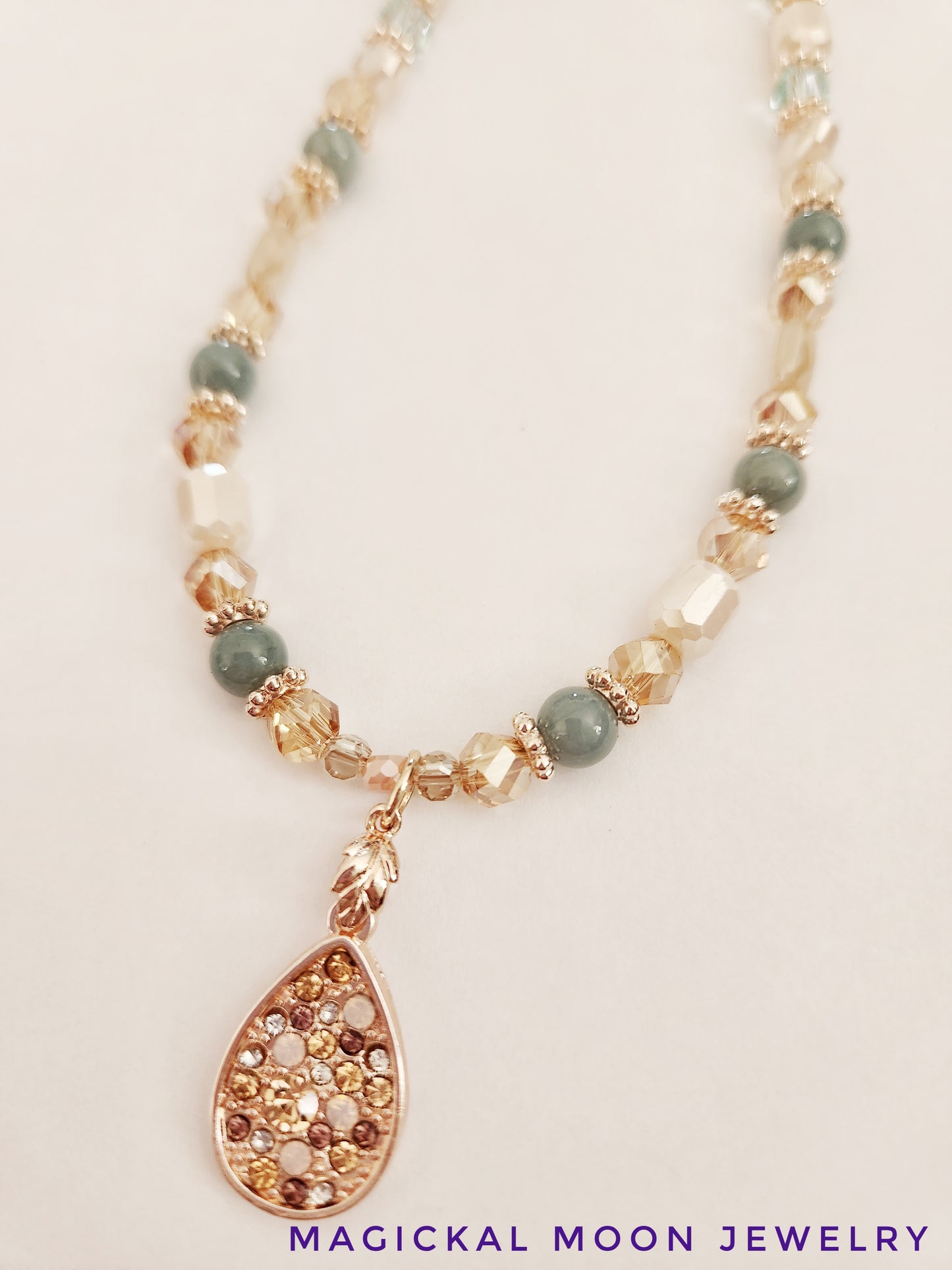 Rose gold crystal necklace with Jadeite gemstones