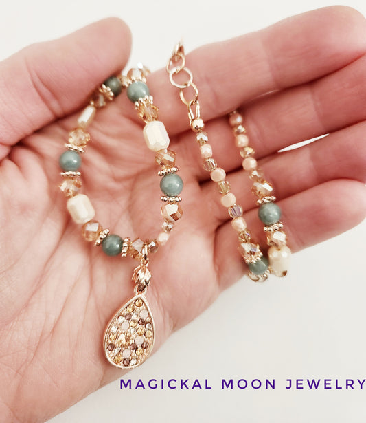 Rose gold crystal necklace with Jadeite gemstones