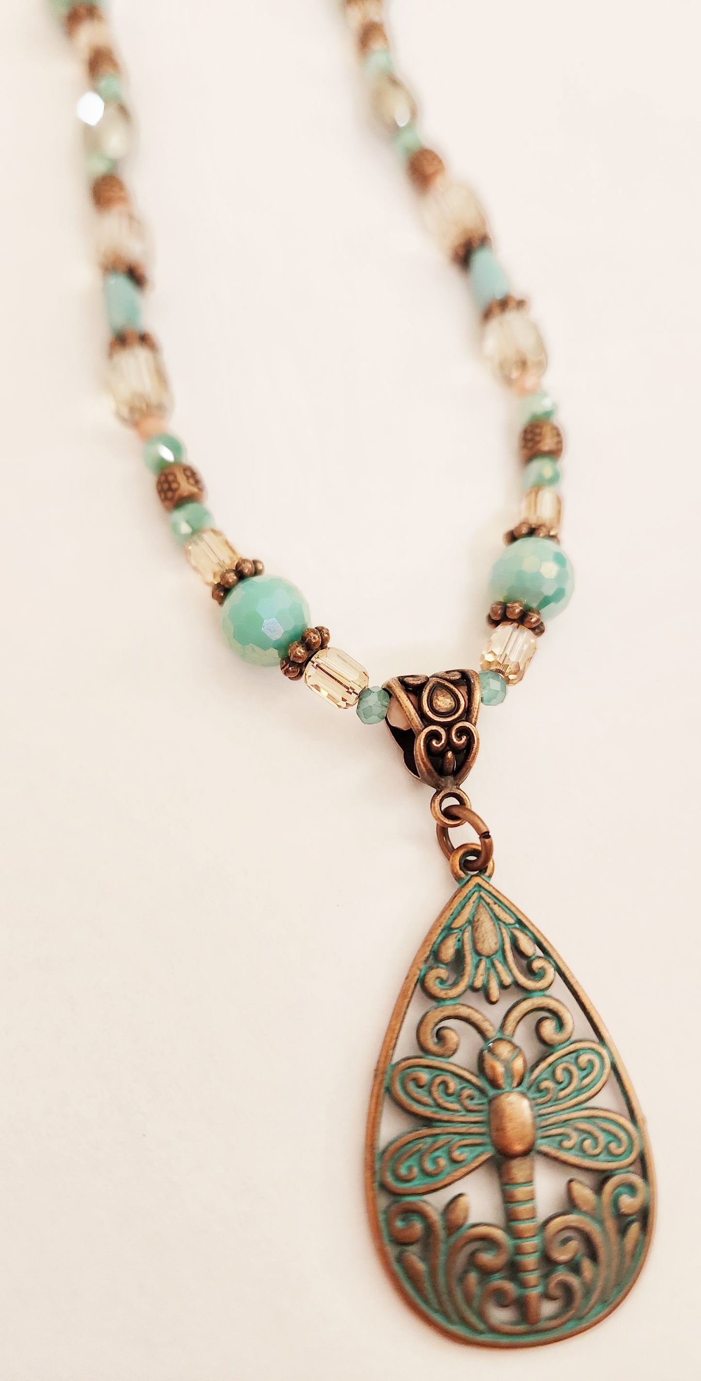 Copper and patina dragonfly necklace