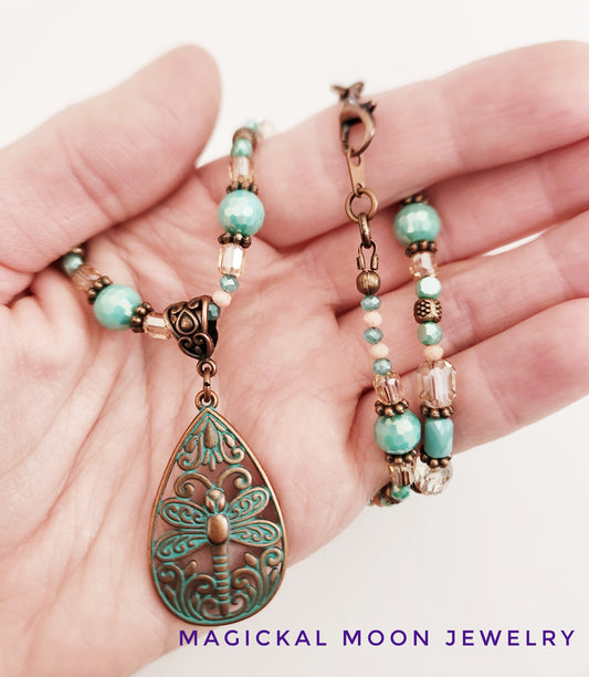 Copper and patina dragonfly necklace