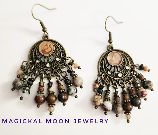 Dark gold chandelier Amazonite gemstone earrings