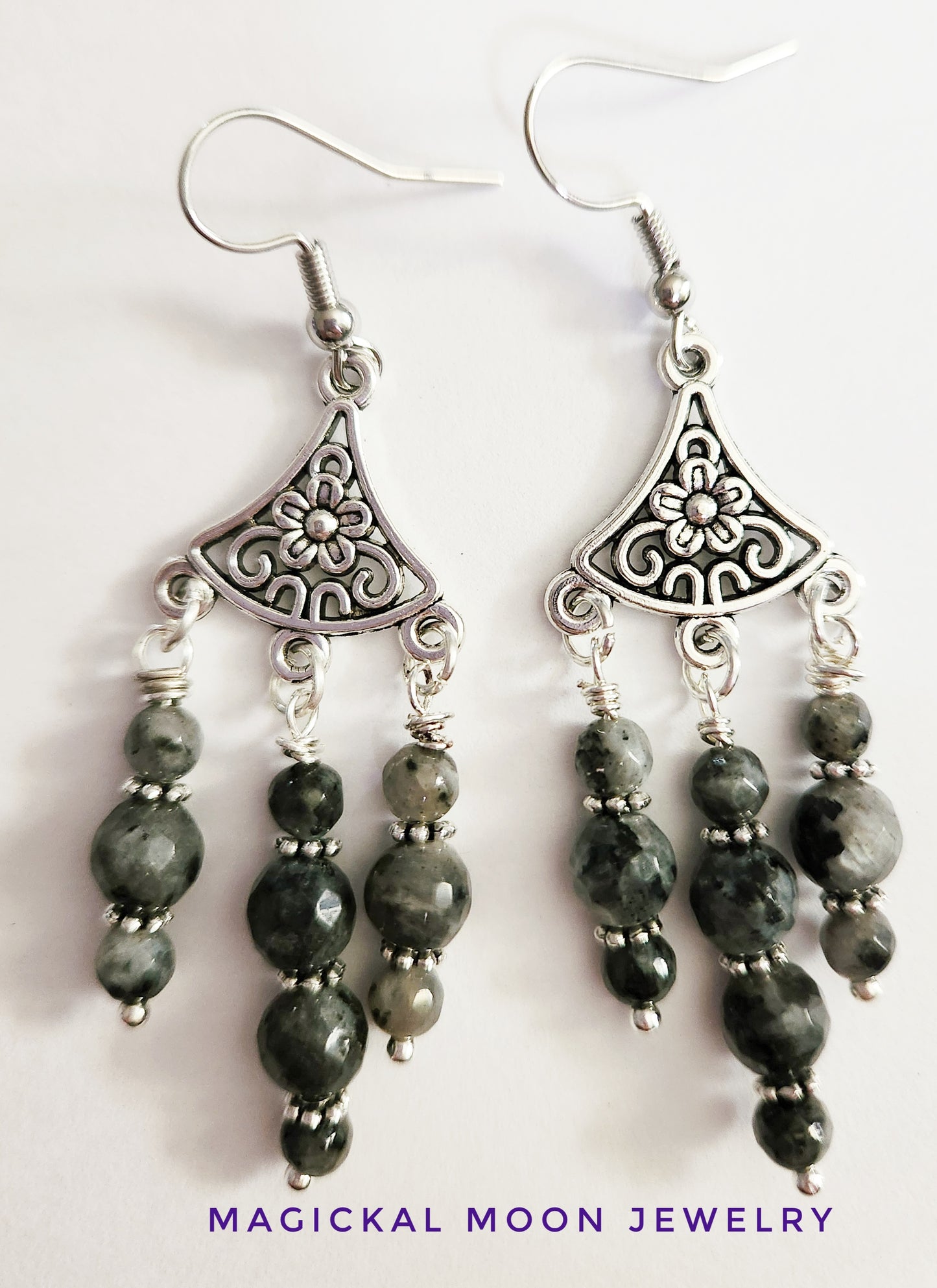 Silver chandelier Larkavite gemstone earrings