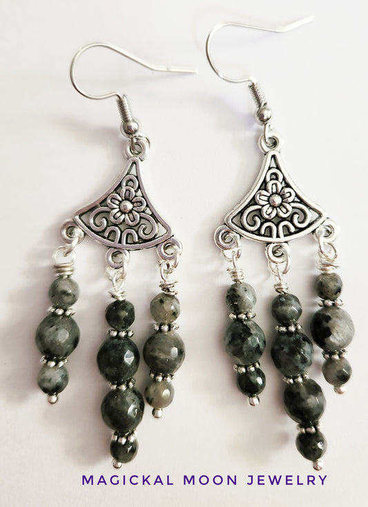 Silver chandelier Larkavite gemstone earrings