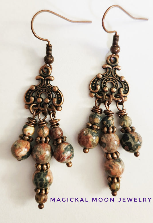 Copper chandelier Leopardskin Jasper gemstone earrings