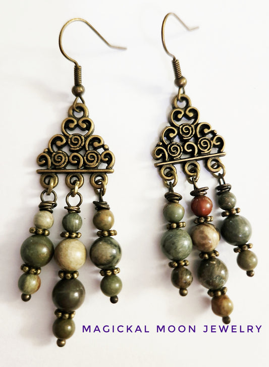 Dark gold chandelier Silver leaf Agate gemstone earrings