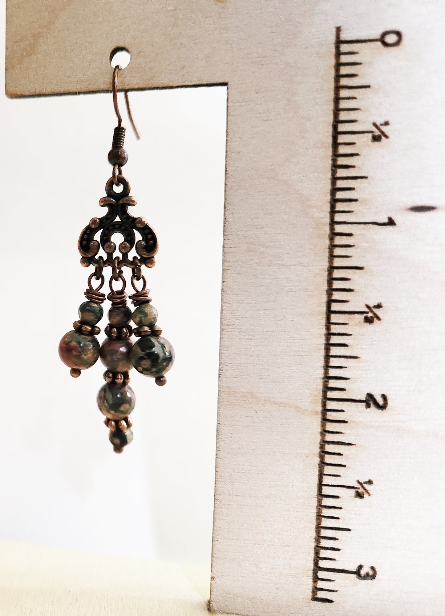 Copper chandelier Leopardskin Jasper gemstone earrings