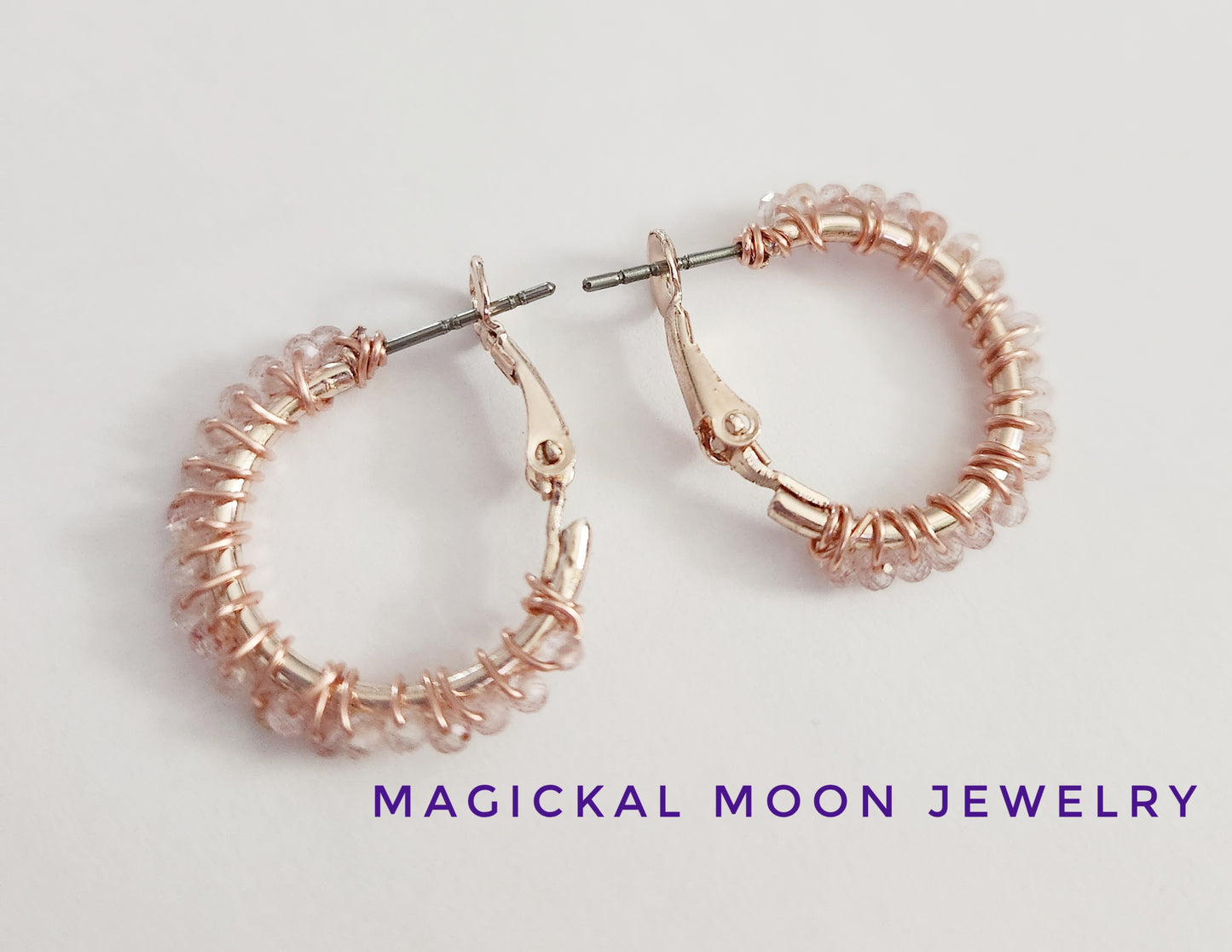 Small Strawberry Quartz gemstone beaded hoop earrings .75 inch drop, hugger earrings