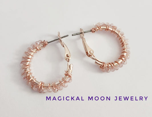 Small Strawberry Quartz gemstone beaded hoop earrings .75 inch drop, hugger earrings