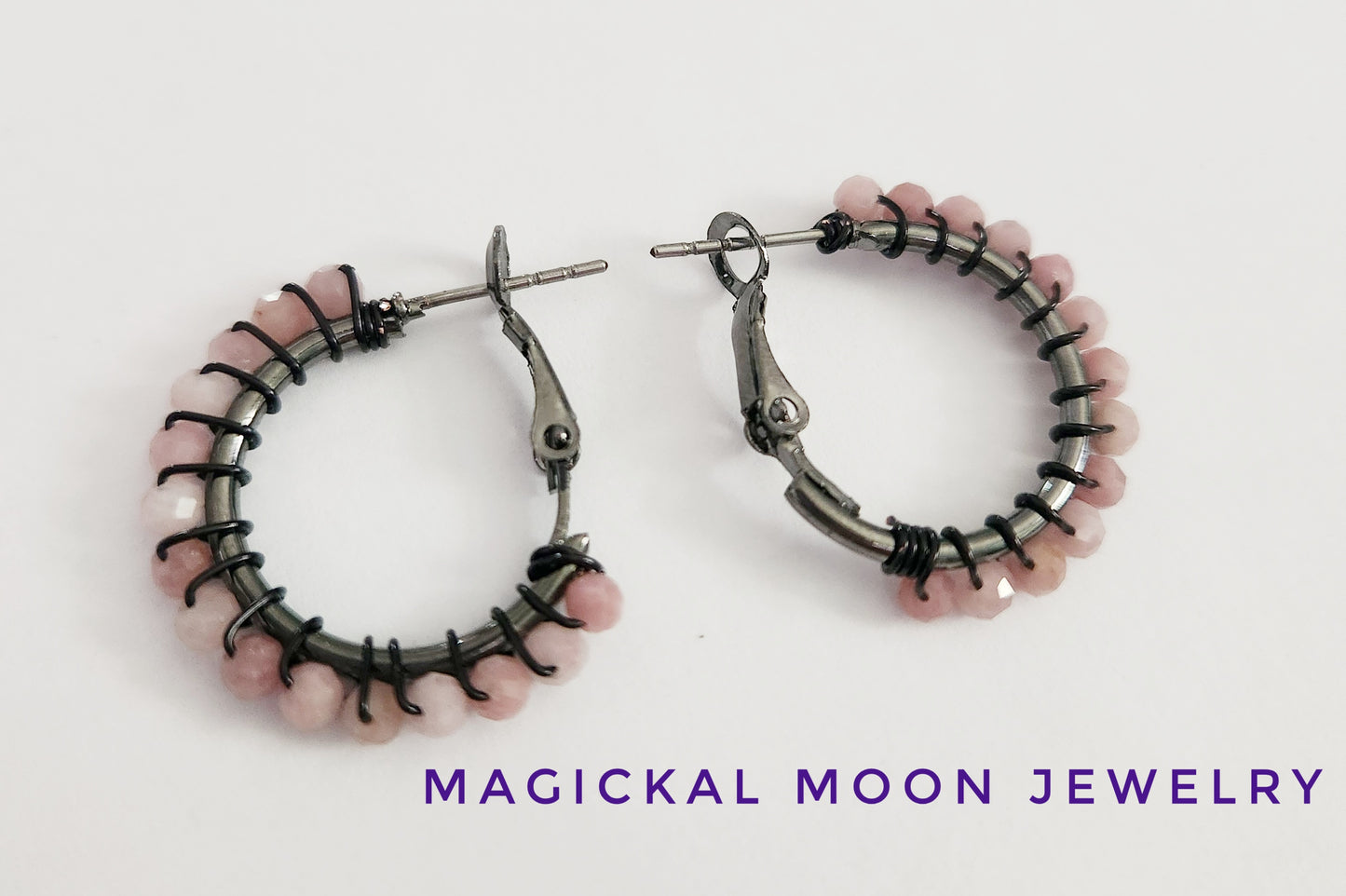 Pink Opal gemstone beaded small hoop earrings .75 inch drop, hugger earrings