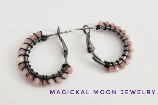 Pink Opal gemstone beaded small hoop earrings .75 inch drop, hugger earrings