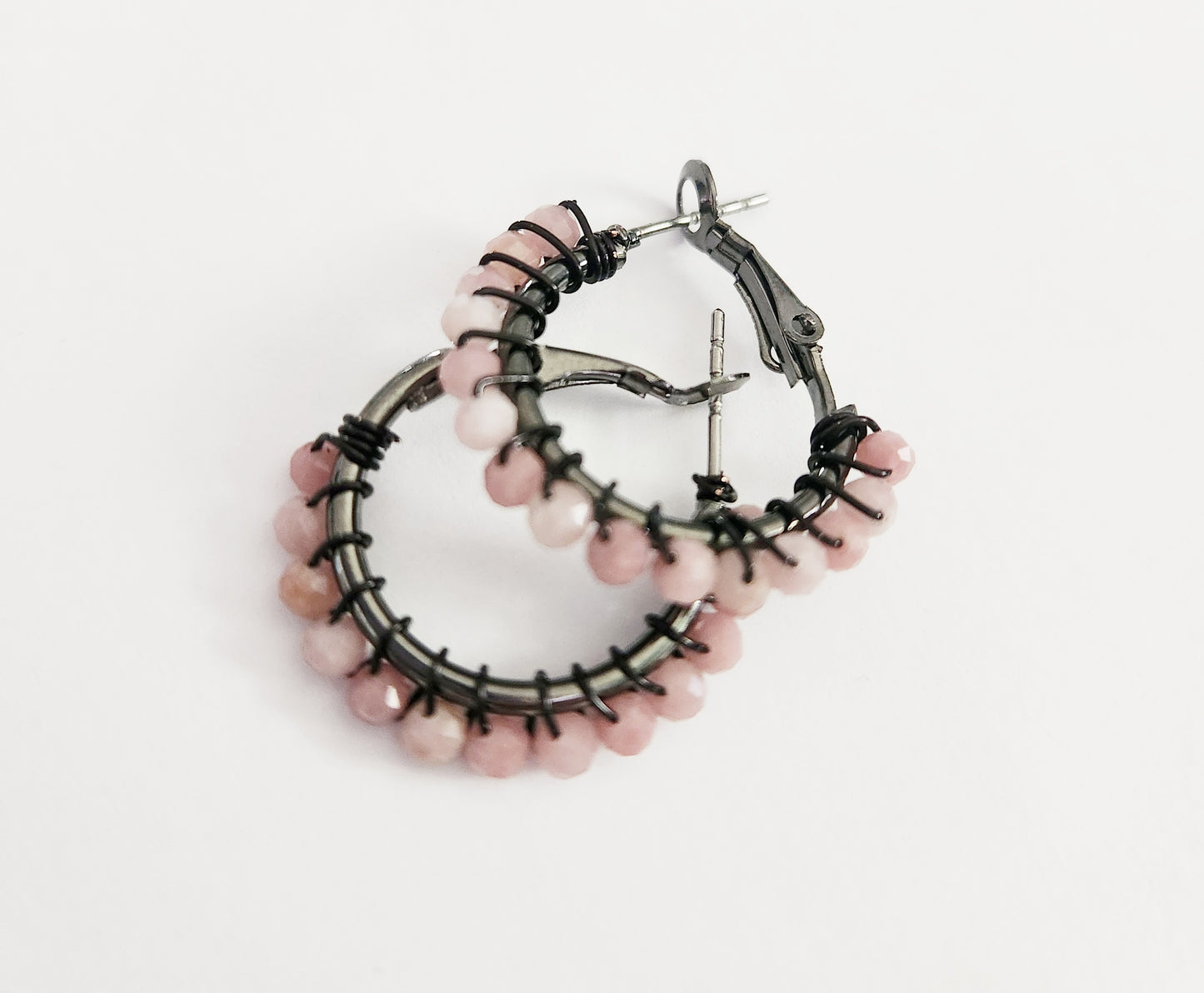 Pink Opal gemstone beaded small hoop earrings .75 inch drop, hugger earrings
