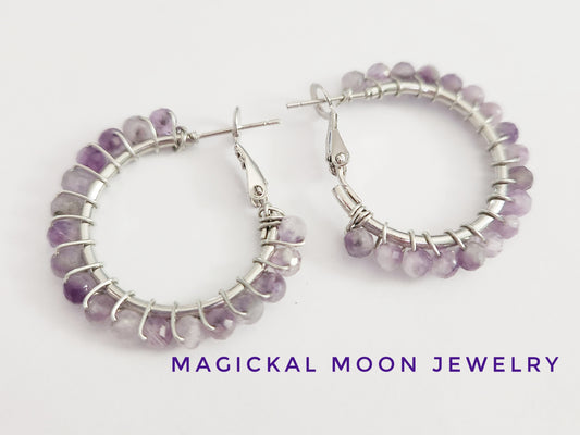 Amethyst gemstone small silver hoop earrings 1 inch drop