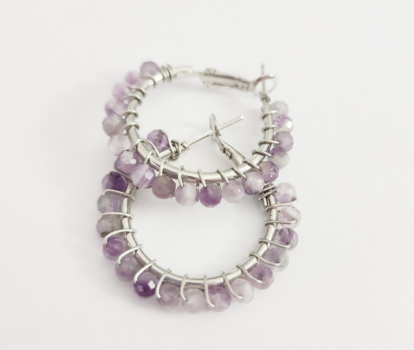 Amethyst gemstone small silver hoop earrings 1 inch drop