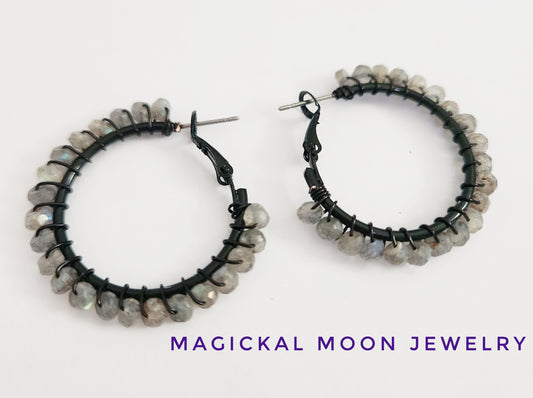 Labradorite gemstone beaded medium hoop earrings 1.25 drop