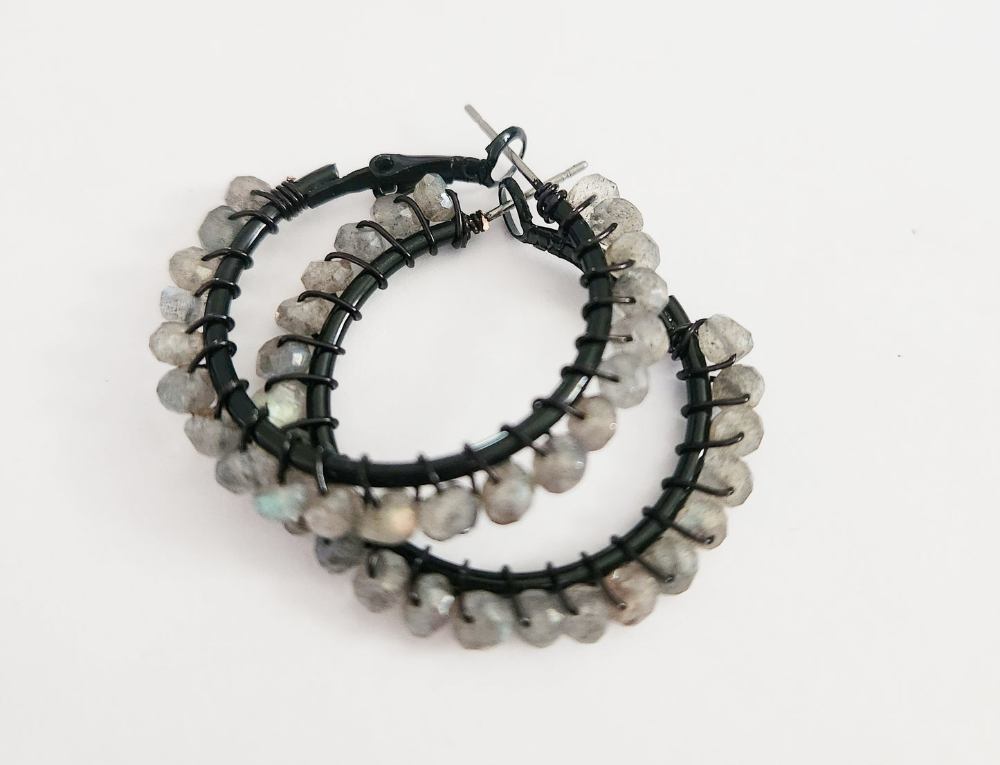 Labradorite gemstone beaded medium hoop earrings 1.25 drop