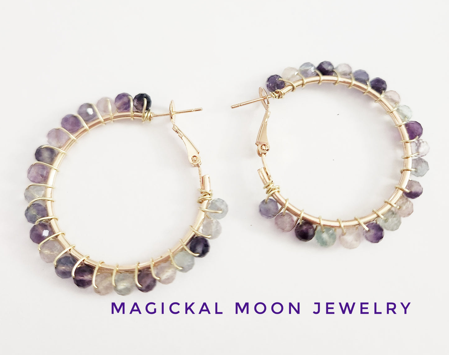 Rainbow Flourite gemstone gold medium hoop earrings 1.5 drop