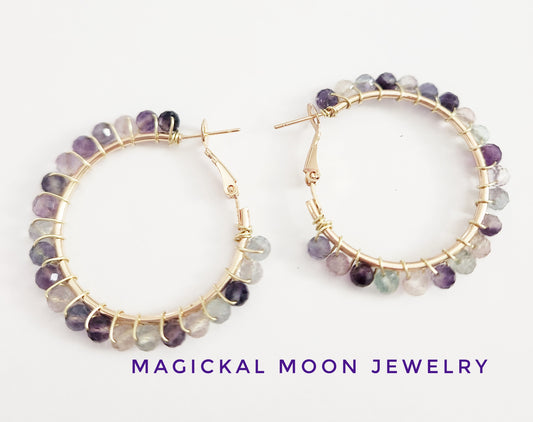 Rainbow Flourite gemstone gold medium hoop earrings 1.5 drop