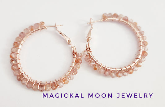 Strawberry Quartz gemstone beaded medium hoop earrings 1.25 inch drop