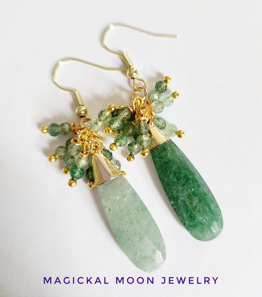 Green Strawberry Quartz gemstone teardrop dangle earrings