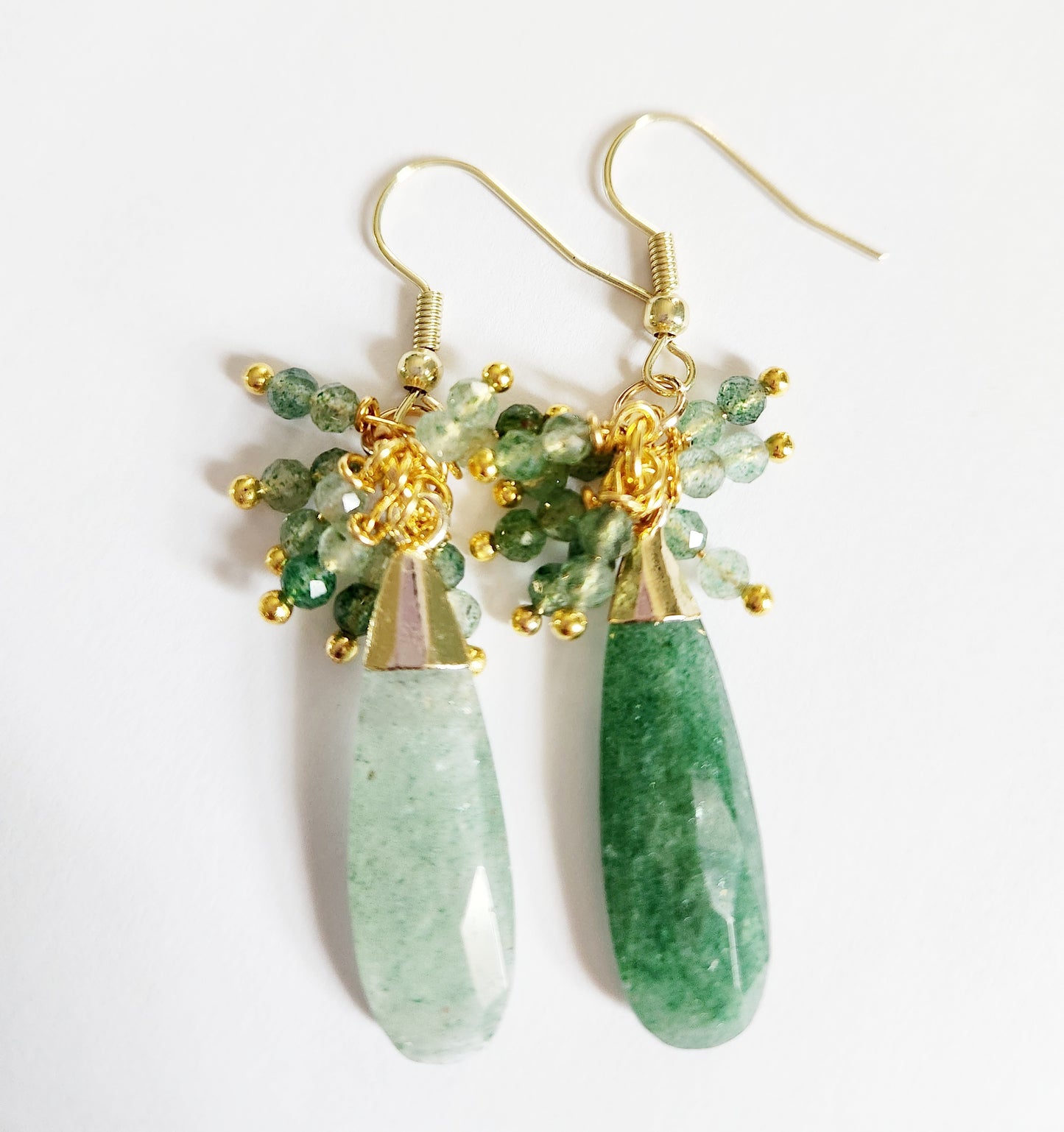 Green Strawberry Quartz gemstone teardrop dangle earrings