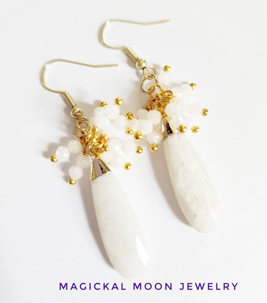 Blue Moonstone gemstone teardrop dangle earrings